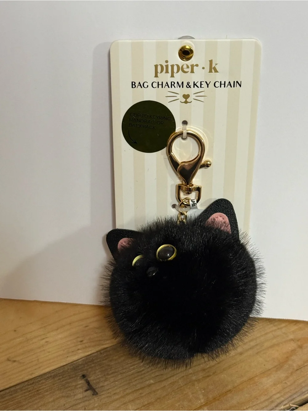 Piper Black Furry Cat Pom Pom Keychain with Gold Clasp